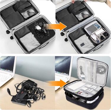 Органайзер для кабелів AiQInu: універсальна дорожня сумка-кубик для кабелів, 3 шари, водонепроникний, регульований, для зарядних пристроїв, Powerbank, USB-накопичувачів, SD-карт (чорний)