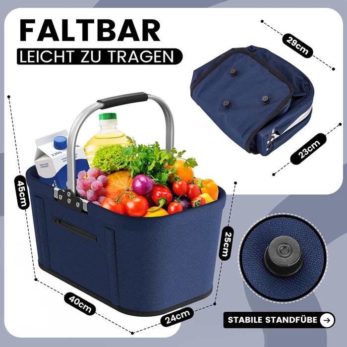 Складаний кошик для покупок на 30 літрів з 4 стійками | Міцний кошик для перенесення та пікнік | Великий кошик для сім'ї (46x27x25см) | З м'якими ручками | Для покупок, подорожей, кемпінгу (30л, Синій)