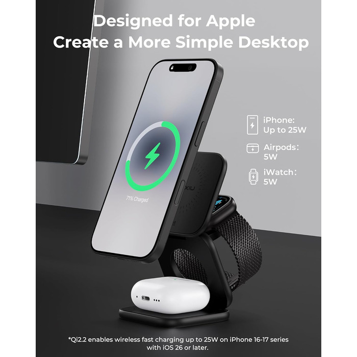 Зарядна станція KU XIU X40 Turbo Qi2.2 25W 3-в-1 для iPhone 17/16/15/14/13/12, Apple Watch та AirPods, складна бездротова зарядка, алюмінієвий адаптер GaN 45W (Чорний)