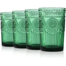 Joeyan 350ml Green Drinking Glasses Embossed with Sunflower Patterns, Vintage Colored Glasses Dishwasher Safe, 4-Piece Set of Colorful Glass Water Glasses for Juice, Drinks, and Cocktails