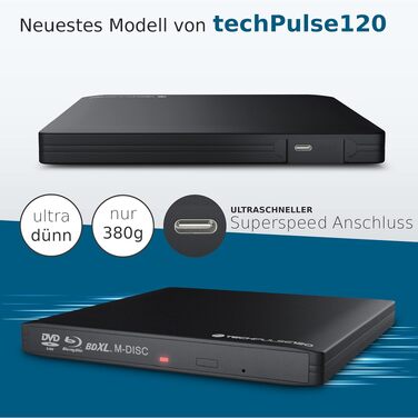 Зовнішній Blu-ray привід techPulse120 USB 3.1 Type-C M-Disc BDXL Brenner Player для PC, Notebook, Mac OS, MacBook Pro Air, алюміній (чорний)