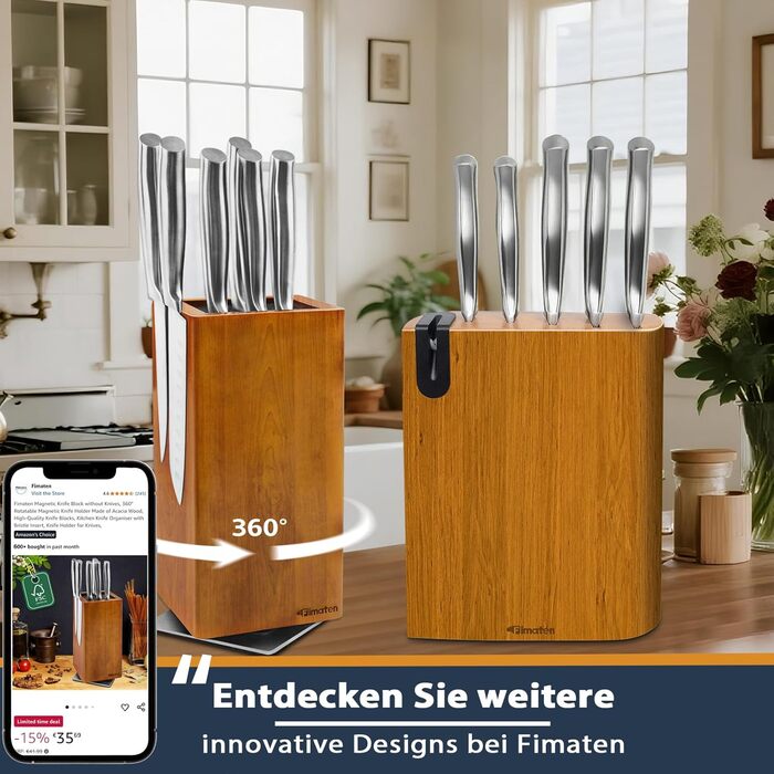Fimaten 6-Piece Wooden Knife Block Set - Kitchen Knife Set with Chef's Knife, Santoku Knife, Bread Knife, Fruit Knife, Utility Knife & Sharpener