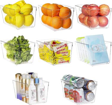 Refrigerator Organizer Drawer Set with Handle, 3-Piece Stackable Kitchen Storage Boxes with Pull-Out Drawer & Lid for Vegetables, Berries, Meat | PET Plastic Food Storage Containers (Clear Medium 8 Pcs)