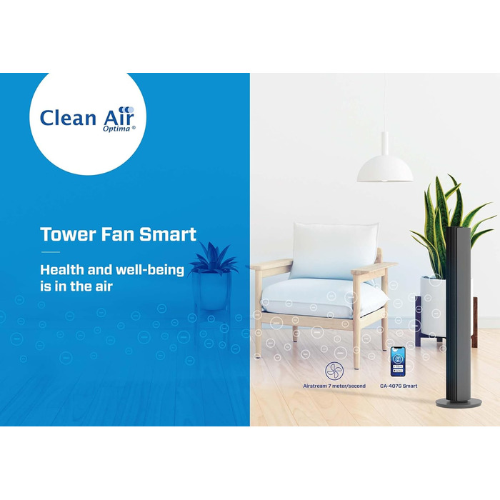 Вентилятор вежовий Smart Clean Air Optima CA-407 Luxus з фільтром, сірий/чорний - до 500 м³/год, з керуванням зі смартфона