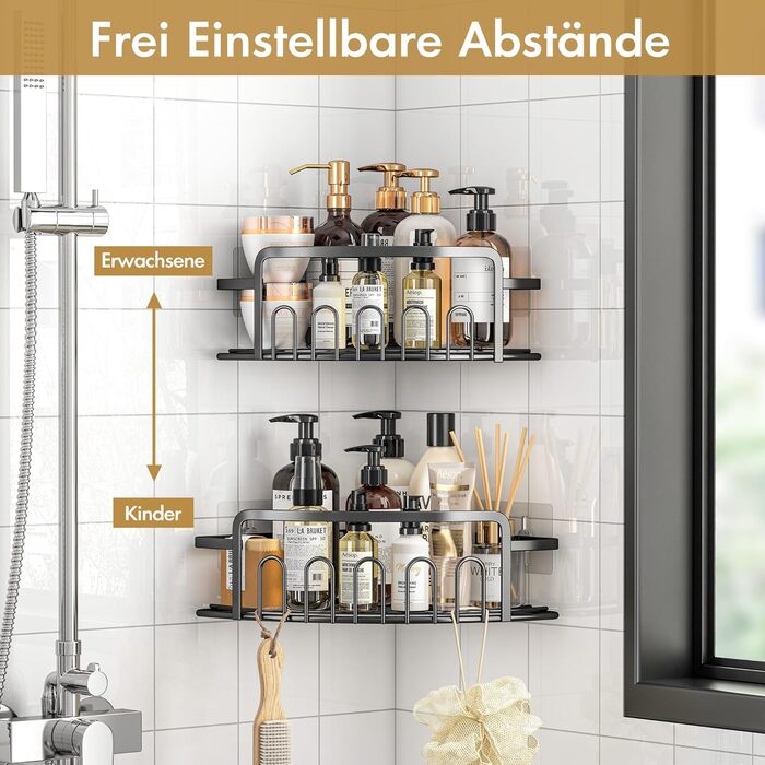 ACMETOP Shower Shelf No Drilling 2-Pack, SUS304 Stainless Steel Bathroom Organizer Corner Shelf, Bathroom Shelf with 10 Hooks and 6 Adhesives, Shower Shelf, Shower Basket for Bathroom Kitchen (Black)