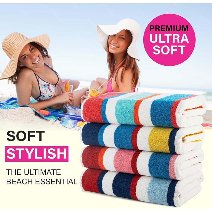 Рушники Casa Copenhagen Bora Bora – набір 4 шт. (76x152 см) з бавовни, Данія. Швидковисихаючі, для басейну, душу та ванни. Рожевий, червоний, жовтий, блакитний