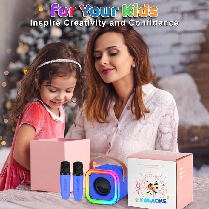 Караоке машина Spinosaurus для дітей з 2 мікрофонами, Bluetooth, LED-підсвічуванням. Ідеально для подарунків, свят та дня народження (темно-синій)