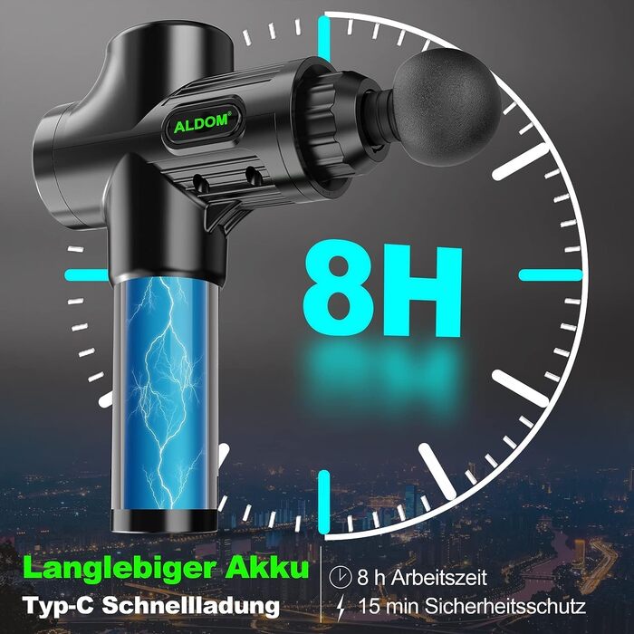 Масажер для м'язів ALDOM Massage Gun: електричний масажний пістолет з 30 швидкостями та 8 насадок (чорний)
