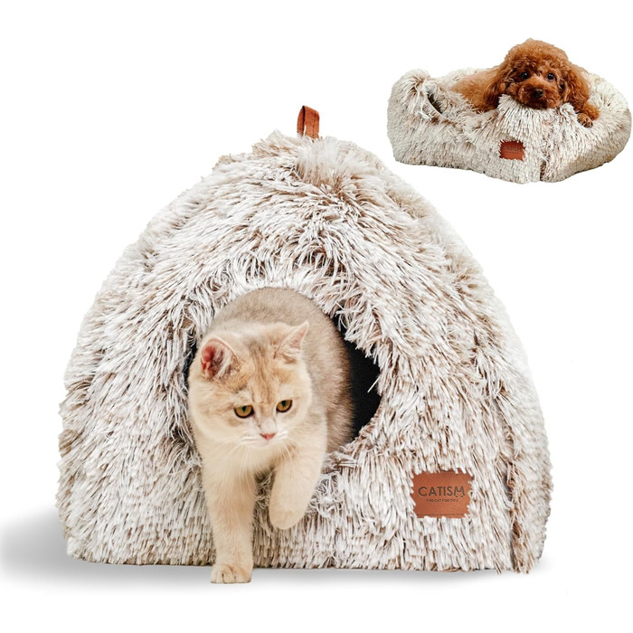 Cat Cave Cat Bed Cat House Cozy Cave 40x40cm Foldable Washable Comfortable Cat Sleeping Place for Cats Kittens Puppies with Removable Cat Head Pillow Beige (Coffee Brown-L)
