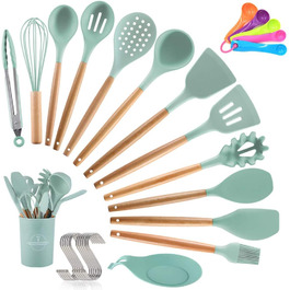 Набір кухонних аксесуарів Kochbesteck: 14 предметів з силікону з дерев'яними ручками, включаючи S-гачки, ложки та мірні ложки