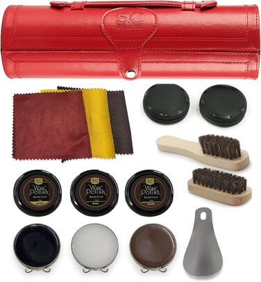 Stone & Clark 12-Piece Shoe Cream & Leather Care Set with Brown Wax, Shoe Brushes for Polishing, Compact Shoe Shine Kit with Horsehair Brushes & PU (Case: Hot Red)