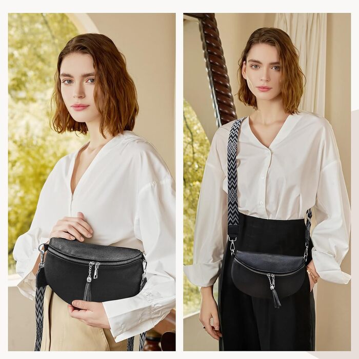Жіноча сумка через плече з широким ременем, поясна сумка з натуральної шкіри, стильна з багатьма відділеннями для карток, кросбоді, гаманець (чорний)