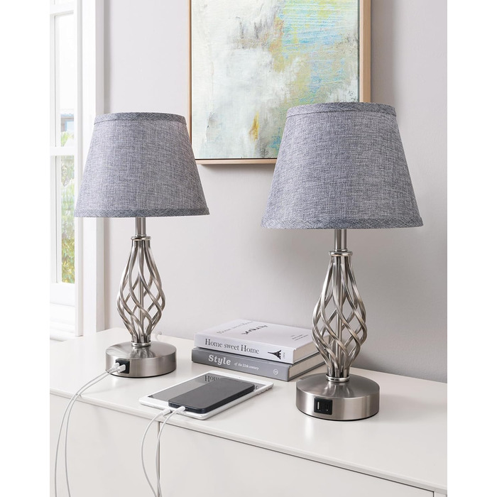 LED-лампа на тумбочку EDISHINE, 2 шт. в наборі, торшери з USB, диммування, сірий абажур, для спальні, вітальні, подарунок