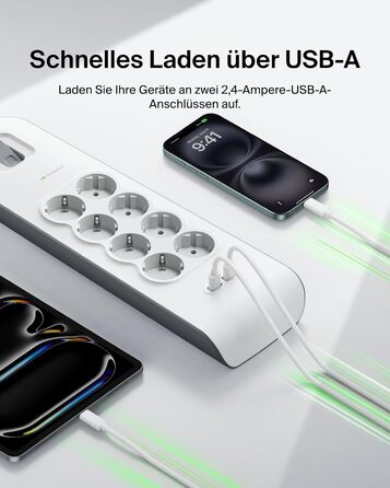 Мережевий фільтр Belkin з 8 розетками, захистом від перенапруги та USB-портами (2.4A), 2 м кабелю, для дому та офісу