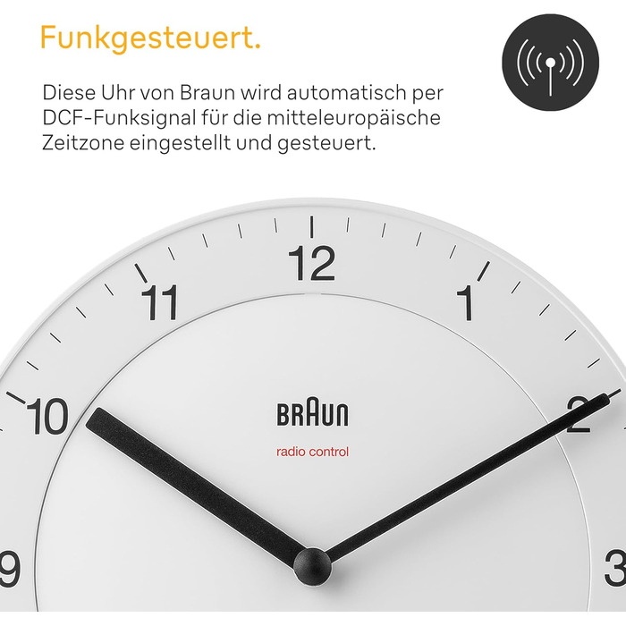 Braun Classic Radio Wall Clock, Central European Time Zone (CET/GMT+1) with a quiet movement, easy-to-read dial with a 20 cm diameter in white, model BC06W-DCF.