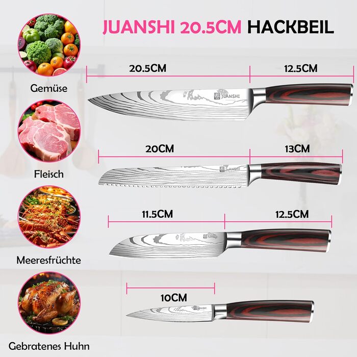 JUANSHI® 4-Piece Knife Set – Professional Kitchen Knife Set made of high-quality stainless steel, sharp blades, including Santoku, Chef's Knife, Bread Knife, and Utility Knife, perfect kitchen accessory