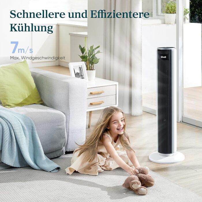 Турбовентилятор Levoit з тихим режимом сну, таймером 12 год, 4 режими, 5 швидкостей, авто-режим з датчиком, осциляція, пульт керування, білий, 92 см