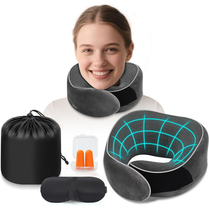 Подушка для шиї у літак, Memory Foam, для дорослих, ергономічна підтримка шиї з 3D-маскою для сну, навушниками, сумкою - ідеальна для літака, авто, дому, офісу, подушка для сну (Сірий)