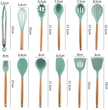 Набір кухонних аксесуарів Kochbesteck: 14 предметів з силікону з дерев'яними ручками, включаючи S-гачки, ложки та мірні ложки