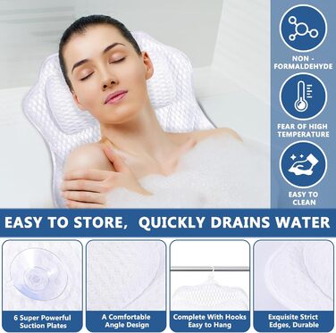 Підголовник для ванни MOYKSRR з 6 присосками та дихаючою сіткою 4D Air Mesh, для комфортного відпочинку у ванні