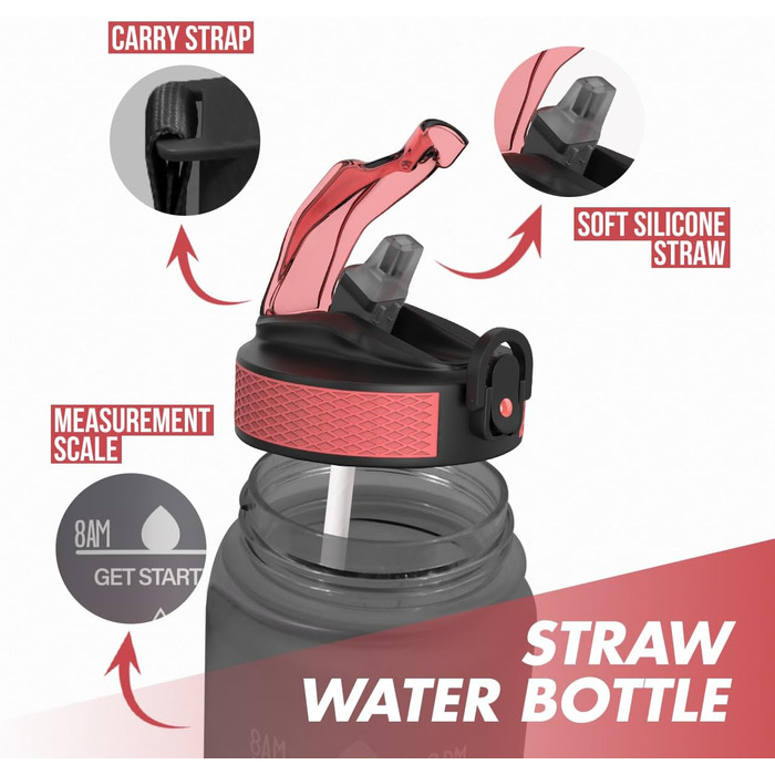 1L Drinking Bottle - BPA-Free Drinking Bottle with Straw and Time Markings - Water Bottle for Bicycle, Outdoor, School, Running, and Gym - Carbonated Drink Bottle Suitable (gray and red)