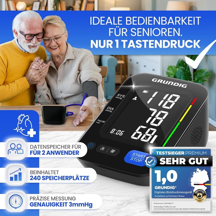 Тонометр GRUNDIG для вимірювання артеріального тиску на плечі - високоточний, простий у використанні, з визначенням аритмії та оцінкою ризику, контроль положення манжети (без батарей)
