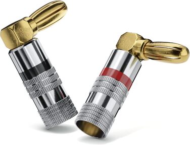 Бананові конектори Sonero® для акустичних кабелів до 6 мм², 4 шт. з кольоровим кодуванням (12x червоний, 12x чорний), 24K позолота (набір 4 шт., кут 90°, Single)