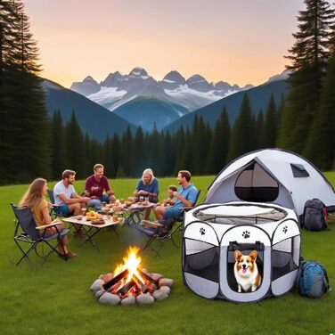 Клітка-забіг для цуценят 74x74x43 см – складана клітка для собак та котів, клітка для кроликів та інших дрібних тварин – безпечний забіг для дому та вулиці сірого кольору + лапа собаки