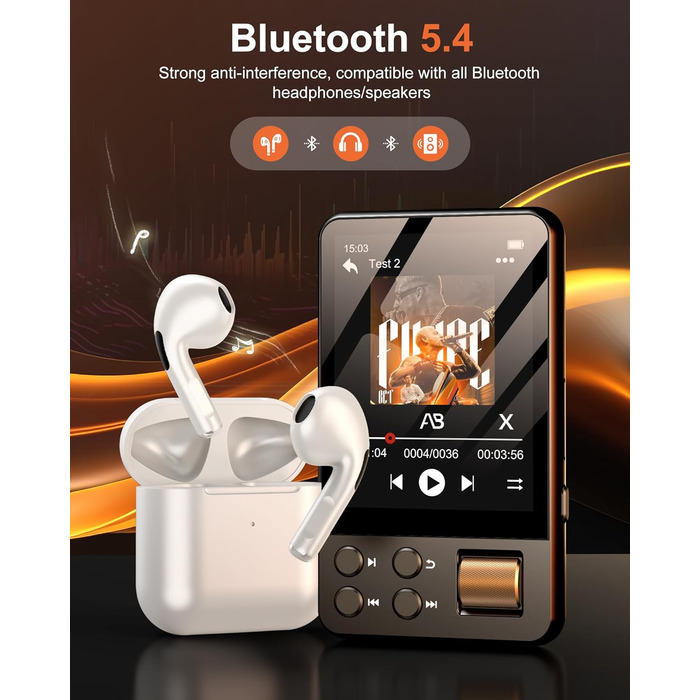 MP3 плеєр 64GB Bluetooth 5.4 з навушниками, сенсорний екран 2.4