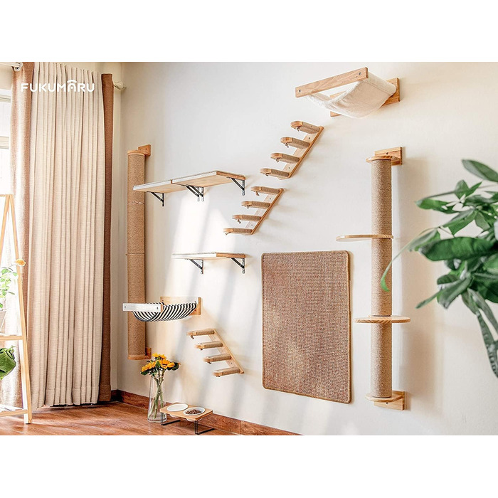 FUKUMARU Climbing Wall for Cats, Cat Bed Wall made of 2cm thick solid rubber wood with durable sisal scratching mat, 40x25cm Wall Cat Lounger/Cat Ladder