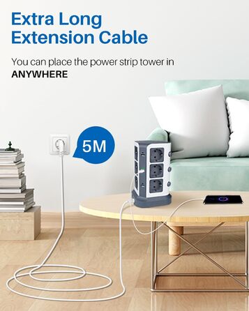 Блок розеток KOOSLA з USB-C, 12 розеток, 3680W/16A, захист від перенапруги 1500J, індивідуальне вмикання, 5м кабель, сірий