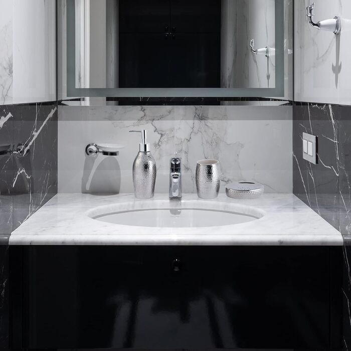 Silver Bathroom Accessories Set – 3-Piece Decorative Ceramic Bathroom Accessories Set with Lotion Soap Dispenser, Toothbrush Holder/Cup, and Soap Dish, Silver Gift Set for New Home Decor