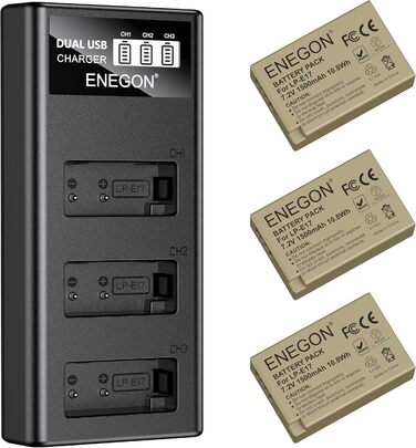 Акумулятори ENEGON LP-E17 1500mAh (3 шт.) + Зарядний пристрій LCD з 3-секційним відсіком, сумісний з Canon EOS R10, R8, RP, R50, R100, 200D, 250D, 77D, 750D, 760D, 800D, 8000D, M3, M5, M6, Rebel SL2, T6i, T6s, T7i