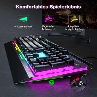 TECKNET RGB ігрова клавіатура для ПК, мембранна, 105 клавіш, повний металевий корпус, підставка для зап'ястя, 15 зон RGB підсвічування, 25 антиблінд, клавіатура для комп'ютера, німецька розкладка (QWERTZ)