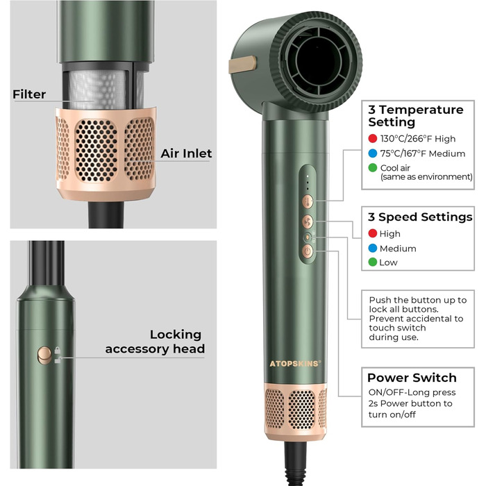 Airstyler Pro 7-в-1: Фен-щітка, плойка, випрямляч, стайлер для волосся Atopskins, 11000 обертів, з насадкою-дифузором, для створення об'єму, локонів та випрямлення, зелено-золотий