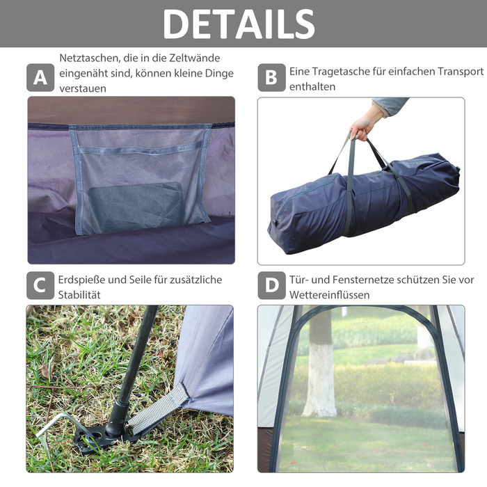 Outsunny Camping Tent 3-4 Person, Family Tent, Dome Tent, 210T PU, Steel, Fiberglass, Gray+Black, 240 x 240 x 195 cm | Aosom