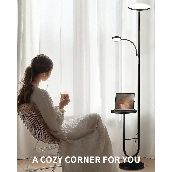 Стійка лампа LuminexDesigns з регулюванням яскравості, 36W+7W LED, 3200LM+600LM, 2700K-6500K, чорний колір. Сучасна підлогова лампа для вітальні з пультом дистанційного керування та функцією настільної лампи.