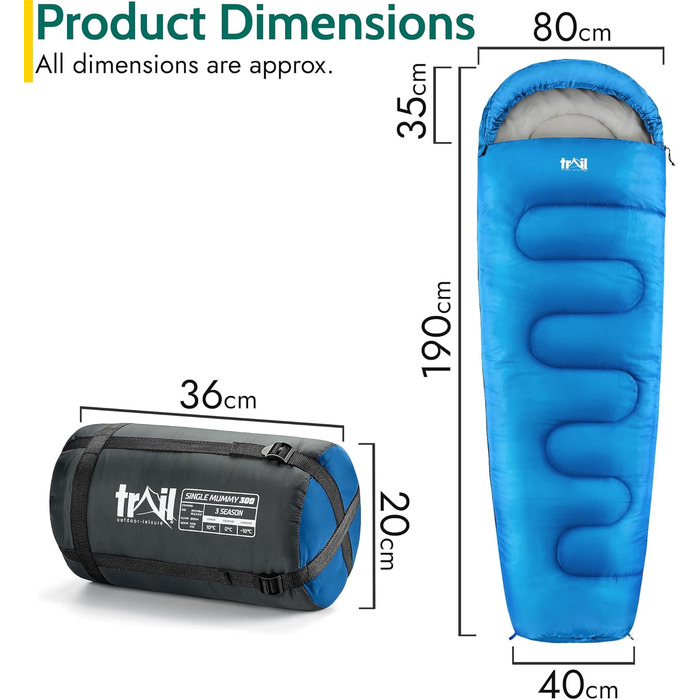 Спальний мішок для дорослих Trail 3 сезони – для кемпінгу та відпочинку на природі (300 GSM, блакитний)
