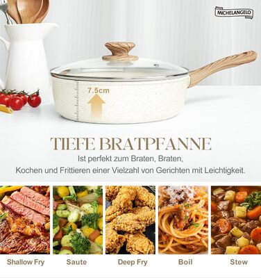Сковорода з антипригарним покриттям Michelangelo з кришкою 28 см, глибока сковорода з кришкою, сковорода для тушкування 28 см, індукційна сковорода з антипригарним покриттям з м'якою бакелітовою ручкою, підходить для індукційних плит, чорна