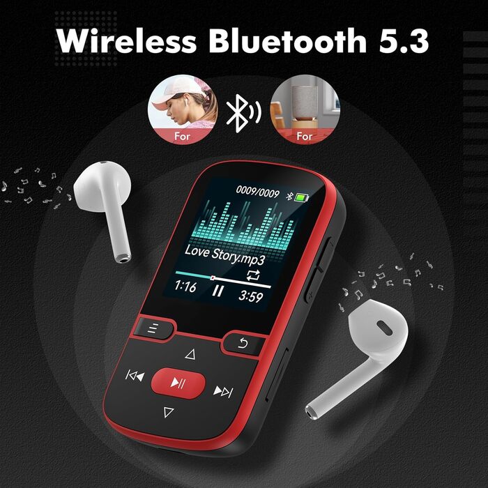MP3 плеєр 64GB Bluetooth 5.3 з кліпсою, Hi-Fi, для спорту, з FM-радіо, диктофоном, крокоміром, підтримка картки до 128GB, червоний