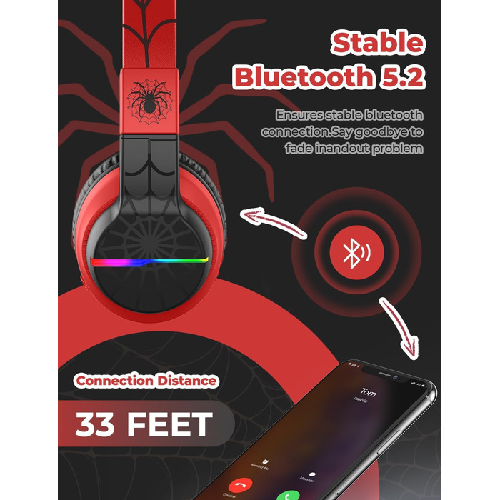 iClever Бездротові навушники для дітей з LED-підсвіткою, Over-Ear, Bluetooth 5.2, мікрофон, BTH12 (Чорний/Червоний)