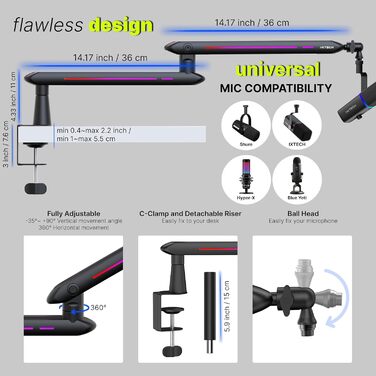 Кріплення для мікрофона IXTECH RGB Low Profile з регулюванням, настільний стійка з кріпленням, поворотний мікрофонний тримач з кабельною організацією для стрімінгу та подкастів, 4 ящірки RGB