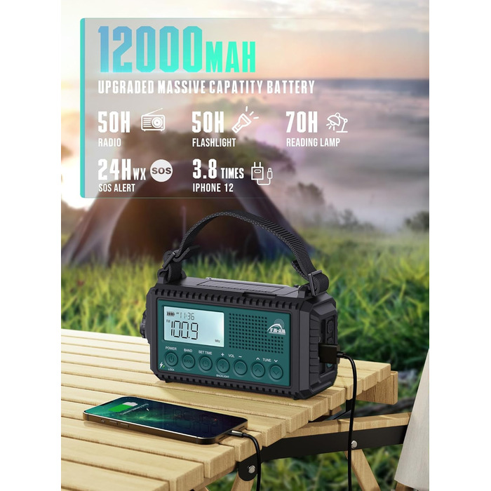 Радіо на сонячній батареї та ручному заводі Kurbelradio 12000 mAh з LED ліхтарем, AM/FM/SW, для надзвичайних ситуацій, чорний