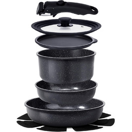 Набір посуду Induktion GiPP 8 предметів: сковороди, каструлі з кришками, антипригарне покриття, знімні ручки, чорний