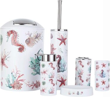 Набір аксесуарів для ванної кімнати Icegrey: 6 предметів (Океан) - дозатор для лосьйону, стакан для зубних щіток, стакан, мильниця, тримач для туалетного паперу, відро