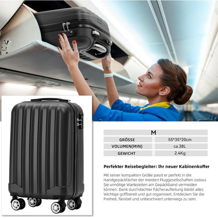 Чемодан на колесах Beibye TSA-Schloß 2080, ручна поклажа, жорсткий корпус, чорний (M)