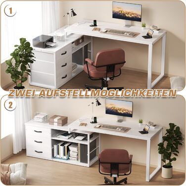 TriumphKey L-Shaped Desk with 3 Drawers & Storage, 140 x 105 x 75 cm - Reversible Corner Desk with USB Charging Ports & Power Outlets, White