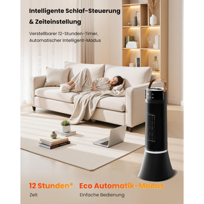 Електричний обігрівач 2000W з керамічним PTC нагрівачем, 75° обертання, термостат, тиха електропіч, 3 режими, таймер 24 години, захист від перегріву та перекидання