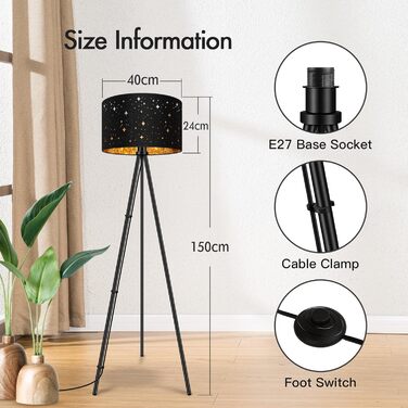 AUQUEE LED-стійка лампа для вітальні, 6W, сучасна тринога з металу, декоративний плафон, вимикач на корпусі, ретро лампа для читання, для вітальні, спальні (зірка+чорний та золото)