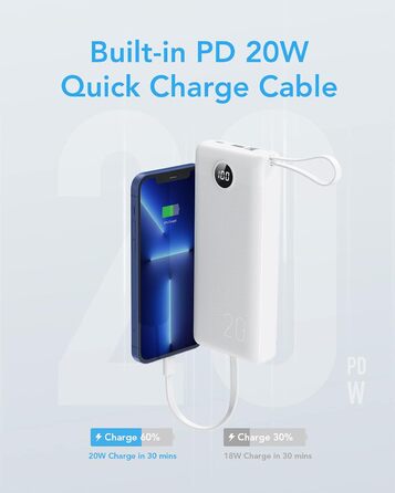 Power Bank VRURC 20000mAh з LED дисплеєм: швидка зарядка 22,5W, USB-C, для iPhone, Huawei, Samsung